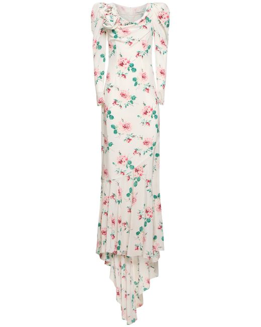 Alessandra Rich Rose Printed Silk Maxi Dress W Appliqué