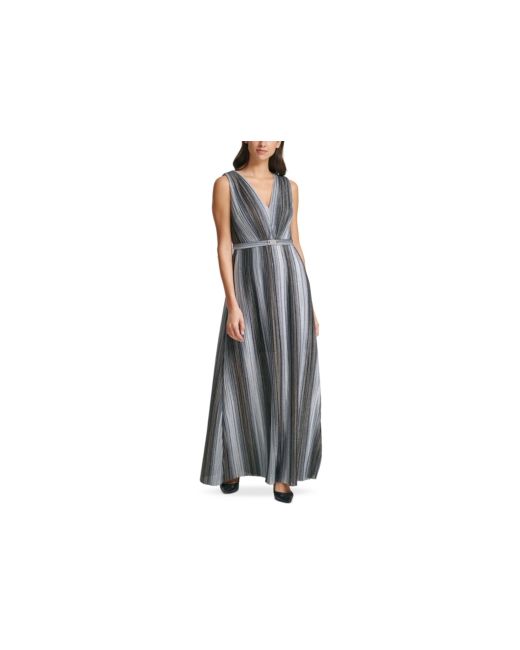 Vince Camuto Metallic Crinkle Belted Gown