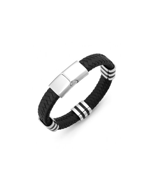 Sutton By Rhona Sutton Stainless Steel Striped Station and Herringbone Leather Bracelet