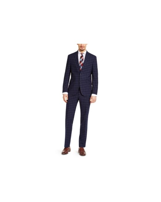 Kenneth Cole REACTION Slim-Fit Techni-Cole Stretch Navy Windowpane Suit Created for Macys