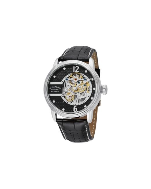 Stuhrling Stainless Steel Case on Perforated Alligator Embossed Genuine Leather Strap with White Contrast Stitching Skeletonized Dial Silver Tone Accents
