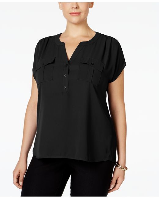 INC International Concepts Plus Woven-Front V-Neck Top Created for Macys