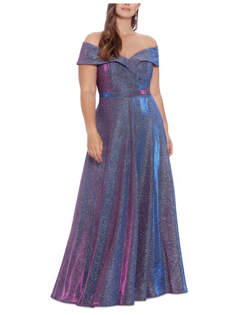 Xscape Plus Off-the-Shoulder Glitter Gown