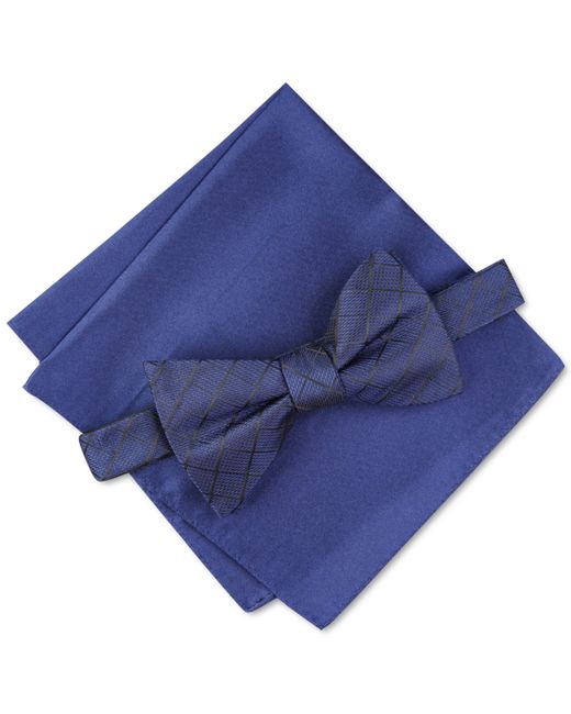 Alfani Grid Pre-Tied Bow Tie Solid Pocket Square Set Created for Macys