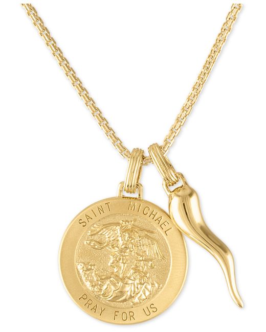 Esquire Men's Jewelry St. Michael Medallion Horn 24 Pendant Necklace in 14k Gold-Plated Sterling Created for Macys