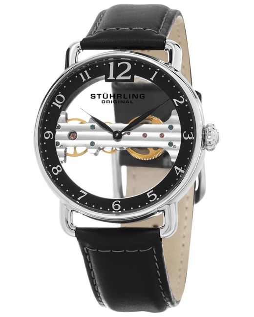 Stuhrling Mechanical Bridge Watch Silver Tone Case on Genuine Leather Strap Skeletonized Dial with Exposed Movement and Accents
