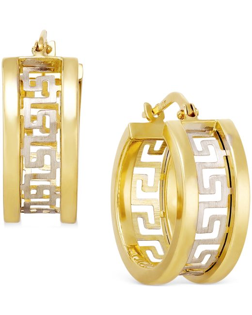 Italian Gold Two-Tone Greek Key Hoop Earrings in 14k Gold