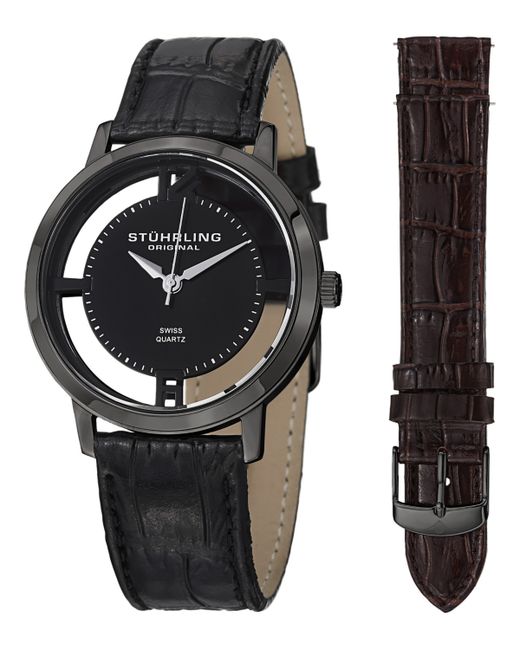 Stuhrling Stainless Steel Pvd Case on Alligator Embossed Genuine Leather Interchangeable Strap with Additional Brown Dial Silver Tone Accents