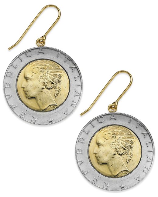 Italian Gold Vermeil and Sterling Lira Coin Drop Earrings