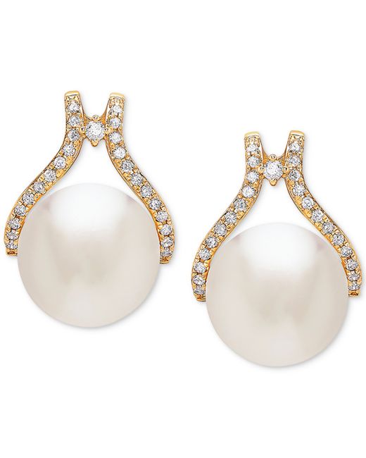 Honora Cultured White Ming Pearl 12mm Diamond 1/3 ct. t.w. Stud Earrings in 14k Gold