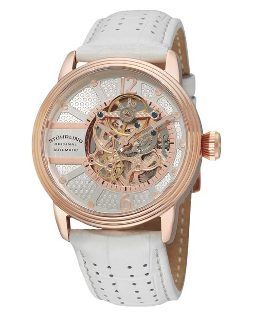 Stuhrling Stainless Steel Rose Tone Case on White Perforated Alligator Embossed Genuine Leather Strap with Gray Contrast Stitching Skeletonized Dial Accents