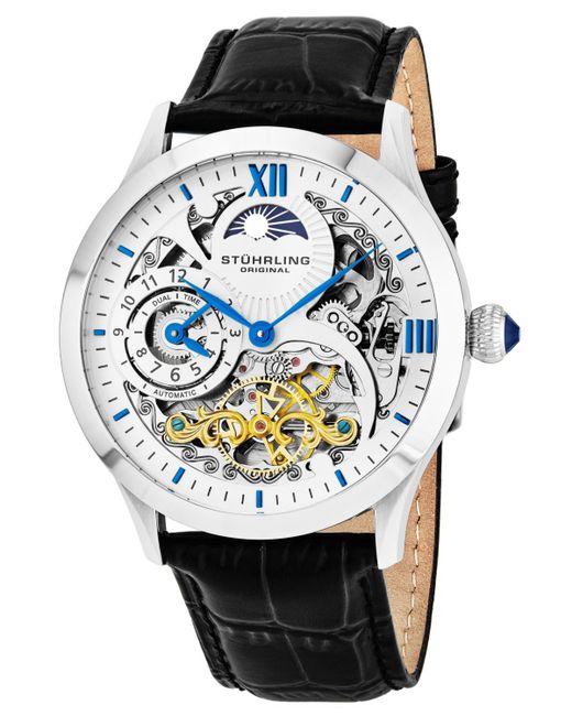 Stuhrling Original Stainless Steel Case on Black Alligator Embossed Genuine Strap Skeletonized Dial With Blue Gold Tone and Accents