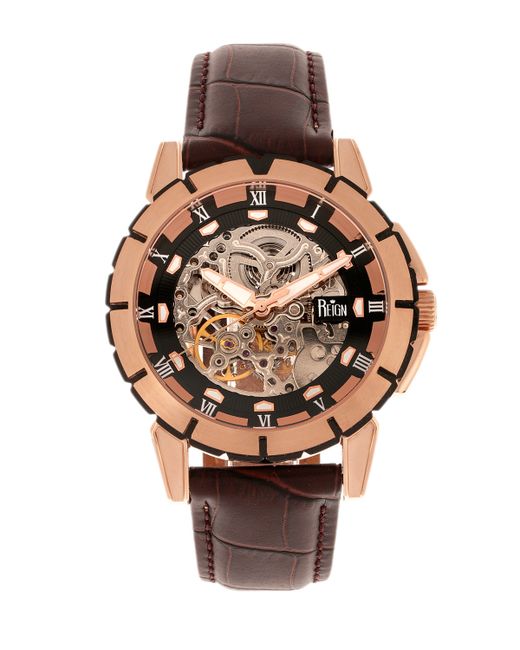 Reign Philippe Automatic Rose Gold Case Black Dial Genuine Leather Watch 41mm
