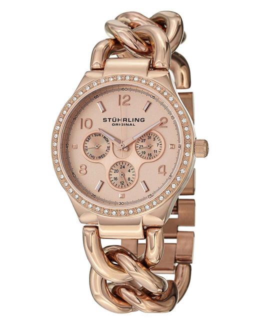 Stuhrling Original Rose Tone Case on Chain Bracelet Dial Cubic Zirconia Crystal Studded Bezel With and White Accents
