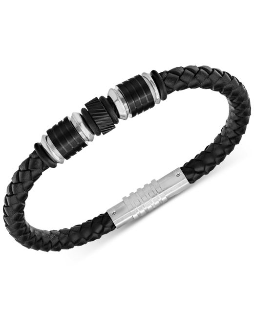 Macy's Beaded Black Leather Bracelet in Stainless Steel Ion-Plate