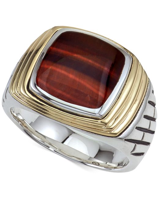 Esquire Men's Jewelry Tigers Eye 12 x 10mm Ring in Sterling 14k Gold Created for Macys