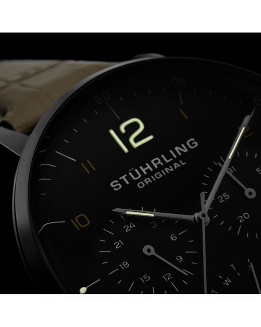 Stuhrling Original Quartz Watch Silver Case Black Dial Genuine Strap