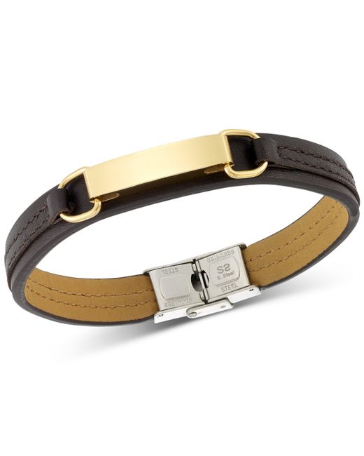 Legacy For Men By Simone I. Legacy for by Simone I. Smith Id Plate Brown Leather Bracelet in Stainless Steel Yellow Ion-Plate