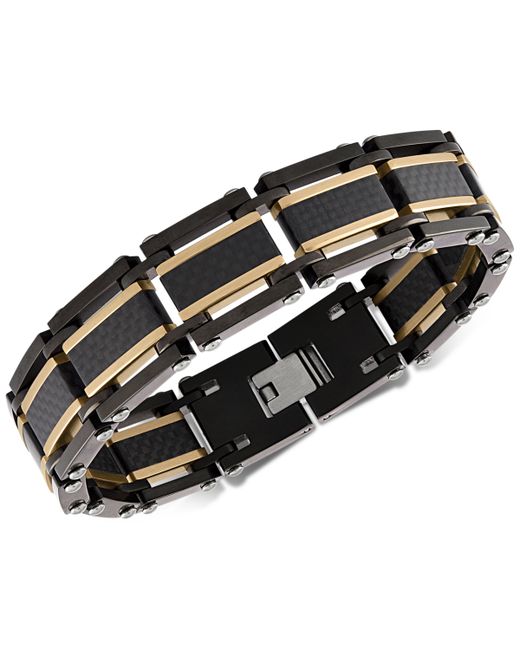 Esquire Men's Jewelry Two-Tone Square Link Bracelet in Gold Ion-Plated Stainless Steel Carbon Fiber Created for Macys
