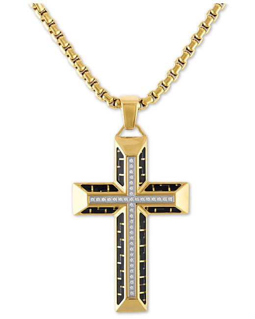 Esquire Men's Jewelry Diamond Cross 22 Pendant Necklace in Gold Tone Ion-Plated Stainless Steel Black Carbon Fiber Created for Macys