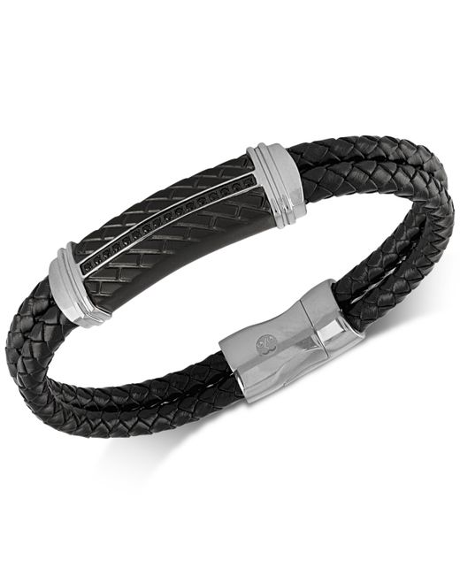 Esquire Men's Jewelry Diamond Leather Bracelet in Stainless Steel Ion-Plate Created for Macys