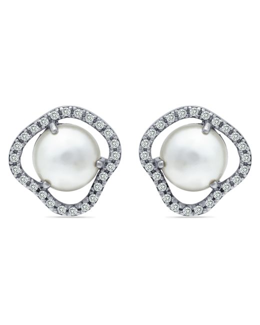 Macy's Imitation Pearl Cubic Zirconia Halo Button Earring in Fine Plate