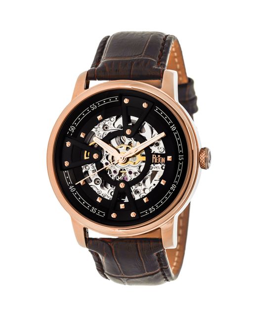 Reign Belfour Automatic Rose Gold Case Genuine Black Leather Watch 44mm