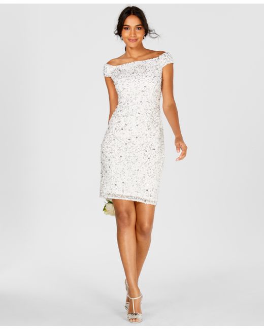 Adrianna Papell Off-The-Shoulder Beaded Sheath Dress