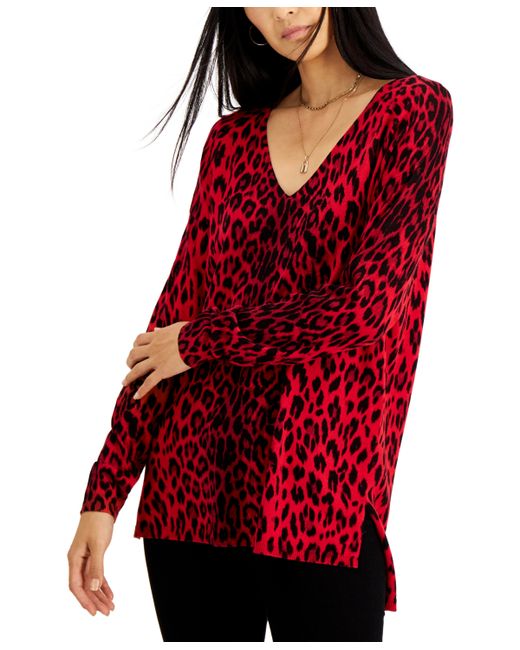 INC International Concepts Leopard-Print V-Neck Step-Hem Sweater Created for Macys