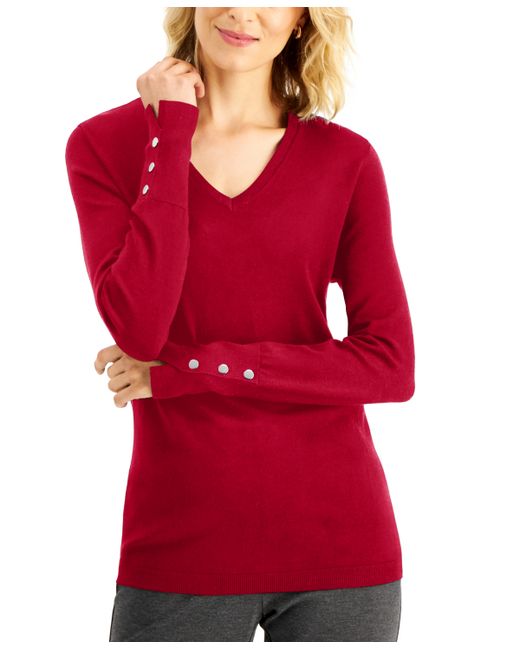 Jm Collection Button-Cuff V-Neck Sweater Created for Macys