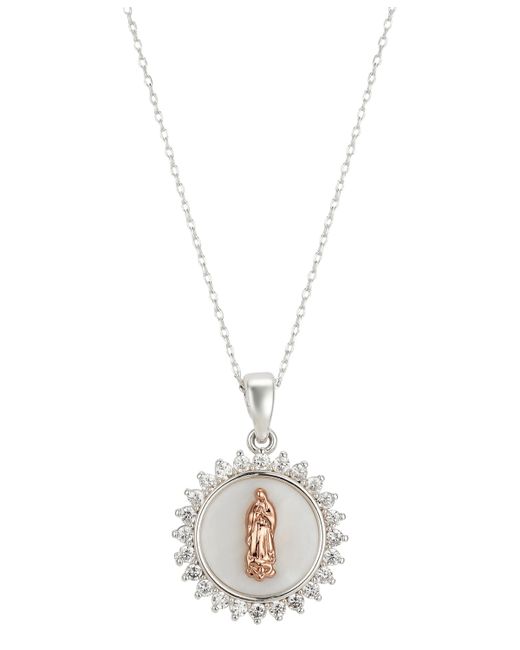 Unwritten Gratitude Grace Cubic Zirconia Mother-of-Pearl Inlay Two-Tone Saint Pendant Necklace in Fine Silver-Plate Flash 16 2 extender