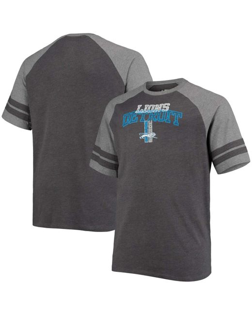 Fanatics Big and Tall Black Heathered Gray Detroit Lions Throwback 2-Stripe Raglan T-shirt