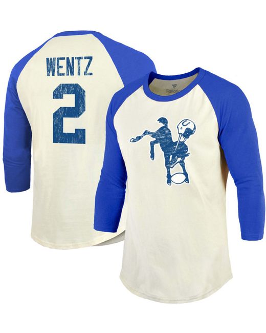 Fanatics Carson Wentz Cream Royal Indianapolis Colts Player Name Number Raglan 3/4 Sleeve T-shirt