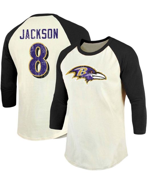 Fanatics Lamar Jackson Cream Baltimore Ravens Vintage-Inspired Player Name Number Raglan 3/4 Sleeve T-shirt