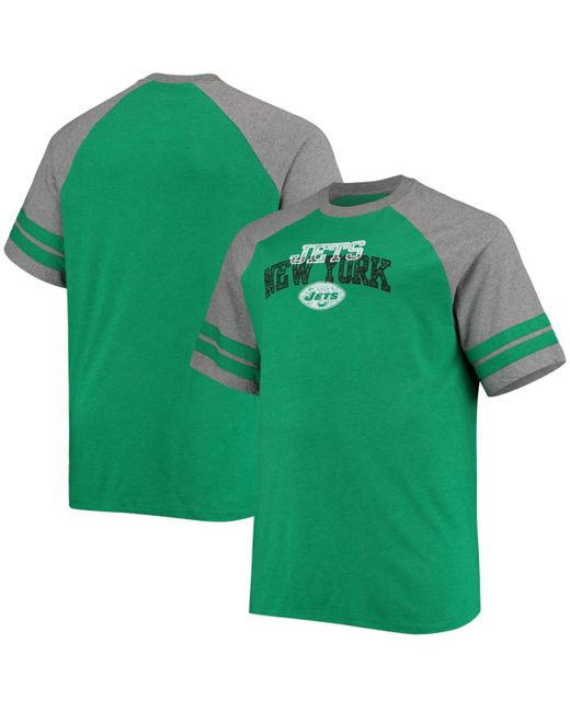 Fanatics Big and Tall Kelly Heathered Gray New York Jets Throwback 2-Stripe Raglan T-shirt