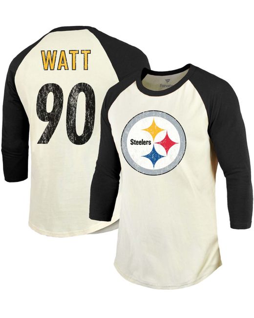 Fanatics T.j. Watt Cream Pittsburgh Steelers Vintage-Inspired Player Name Number Raglan 3/4 Sleeve T-shirt