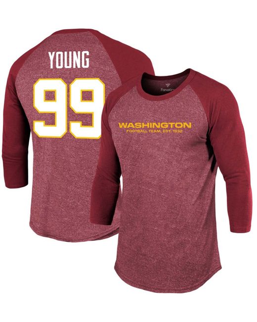 Fanatics Chase Young Washington Football Team Player Name Number Tri-Blend Raglan 3/4 Sleeve T-shirt