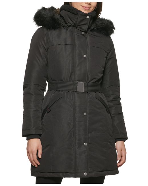 Kenneth Cole Belted Faux-Fur-Trim Hooded Puffer Coat