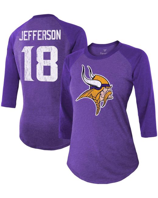 Fanatics Justin Jefferson Minnesota Vikings Team Player Name Number Tri-Blend Raglan 3/4 Sleeve T-shirt