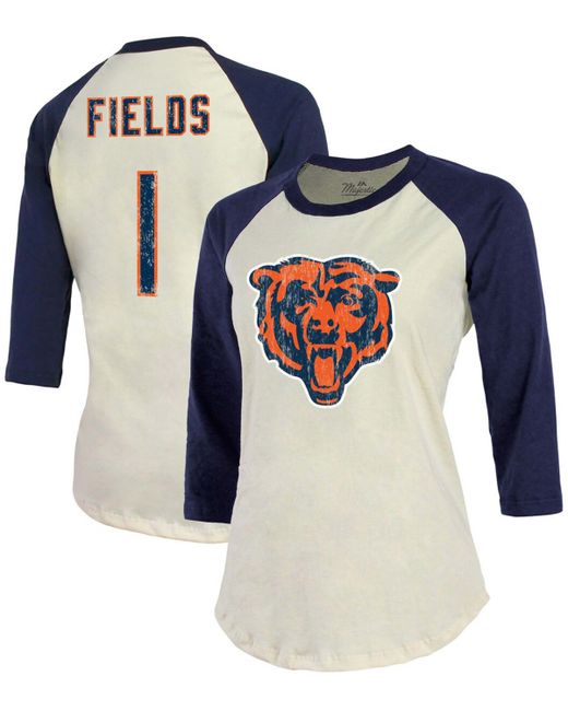 Fanatics Justin Fields Cream Navy Chicago Bears Player Name Number Raglan 3/4 Sleeve T-shirt