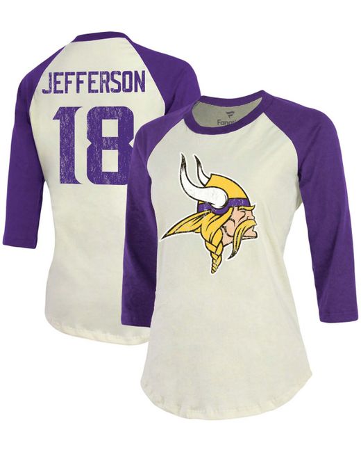 Fanatics Justin Jefferson Cream Minnesota Vikings Player Raglan Name Number 3/4 Sleeve T-shirt