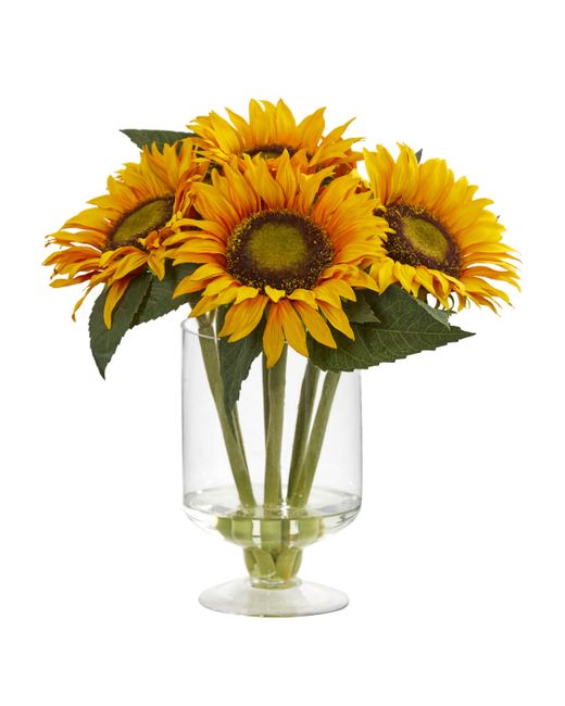 Nearly Natural 12 Sunflower Artificial Arrangement in Glass Vase