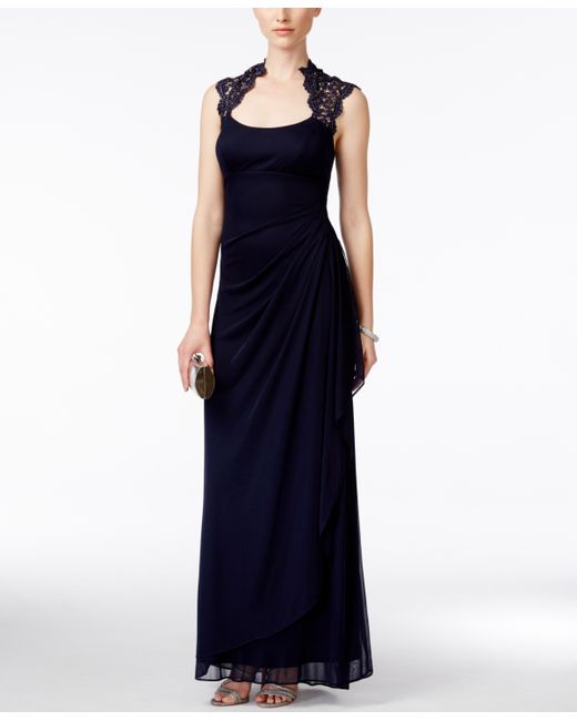 Xscape X by Stand-Collar Illusion Back Gown