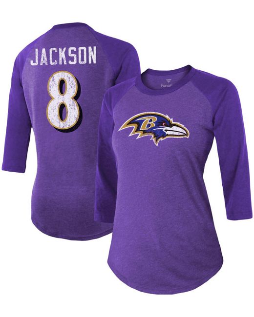 Fanatics Lamar Jackson Baltimore Ravens Team Player Name Number Tri-Blend Raglan 3/4 Sleeve T-shirt