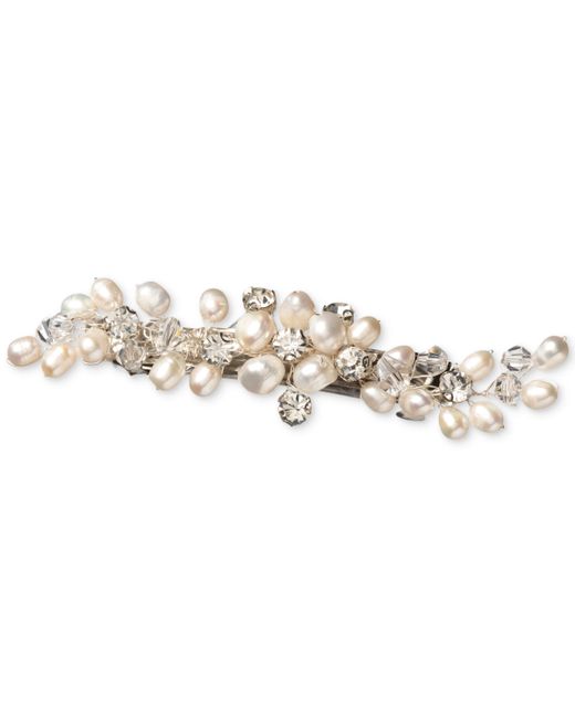 Macy's Cultured Freshwater Baroque Pearl 8-1/2mm Crystal 5mm Vine Hair Barrette Clip in Rhodium-Plated Brass