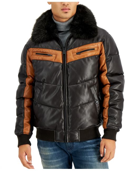 Sean John Faux-Leather Quilted Colorblocked Puffer Jacket with Removable Faux-Fur Collar