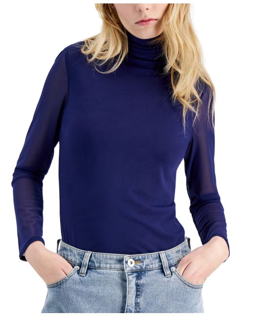 INC International Concepts Petite Mesh-Sleeve Turtleneck Top Created for