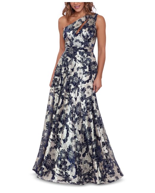 Betsy & Adam Metallic-Floral One-Shoulder Gown