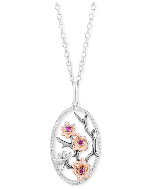 Enchanted Disney Fine Jewelry Rhodolite Garnet 1/20 ct. t.w. Diamond 1/6 Mulan Flower Pendant Necklace in Sterling 14k Rose Gold 16 2 extender