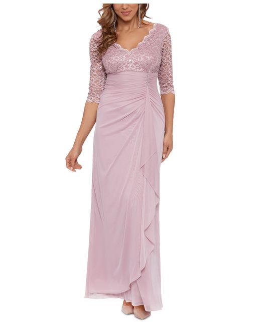 Betsy & Adam Lace-Top Waterfall-Detail Gown